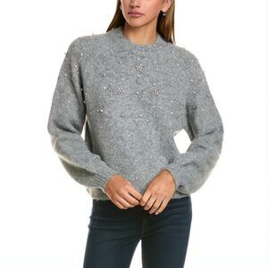 NEW Lea & Viola - Size L Women's Faux Pearl & Crystal Embellished Sweater - Grey
